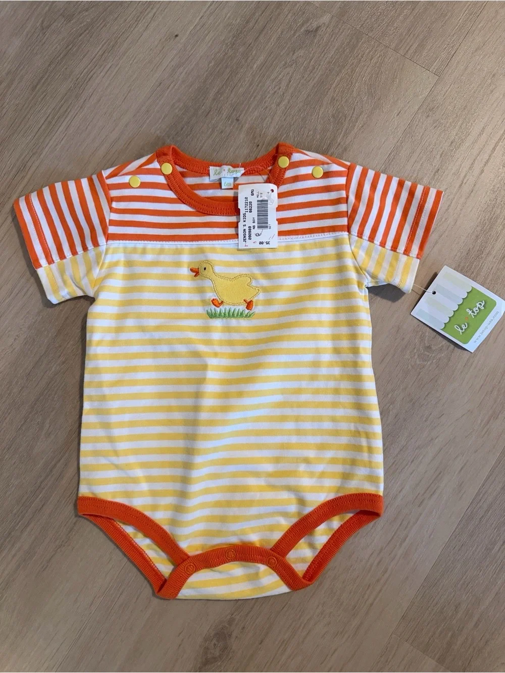 Le Top Yellow & Orange Striped Duck Applique One-Piece